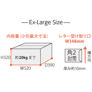 Ex-Largeサイズの内容量図解:内寸W520×D390×H320mm・約20kgまで、レター受け取り口W348mm(角2封筒・厚み約10mm対応)