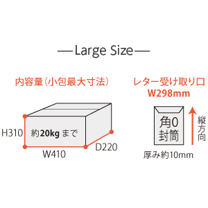 Largeサイズの内容量図解:内寸W410×D220×H310mm・約20kgまで、レター受け取り口W298mm(角0封筒・厚み約10mm対応)